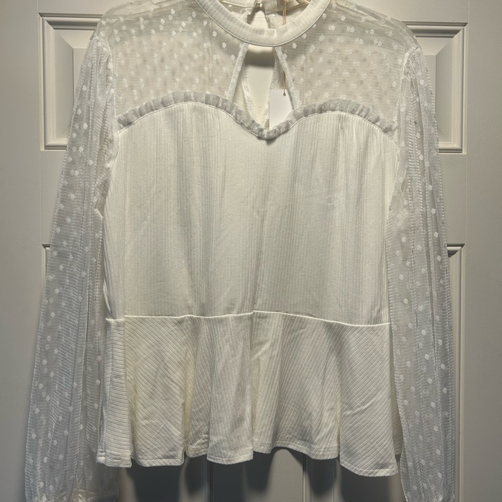 Women's White Sheer Dot Yoke Peplum Blouse